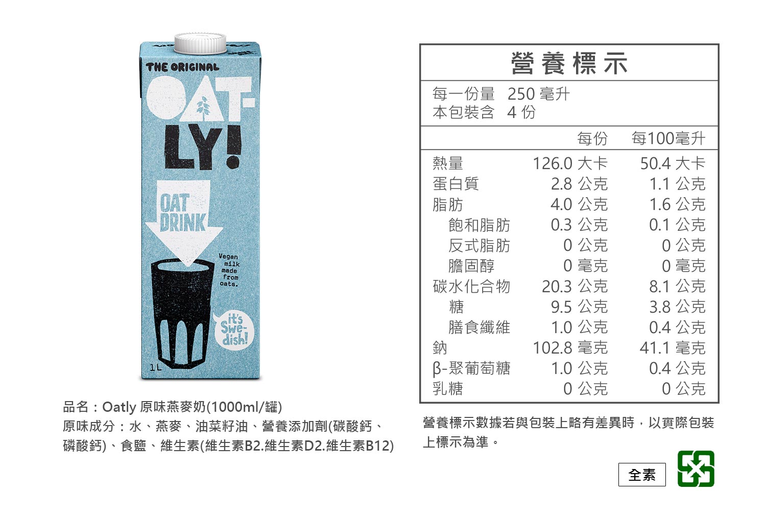 OATLY燕麥奶營養標示